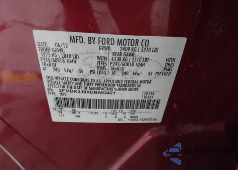 2013 Ford Edge Sel из США, поврежденный, VIN 2FMDK3J9XDBA62421